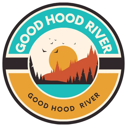 Good Hood River badge: a sun setting behind a forested hill above a teal river